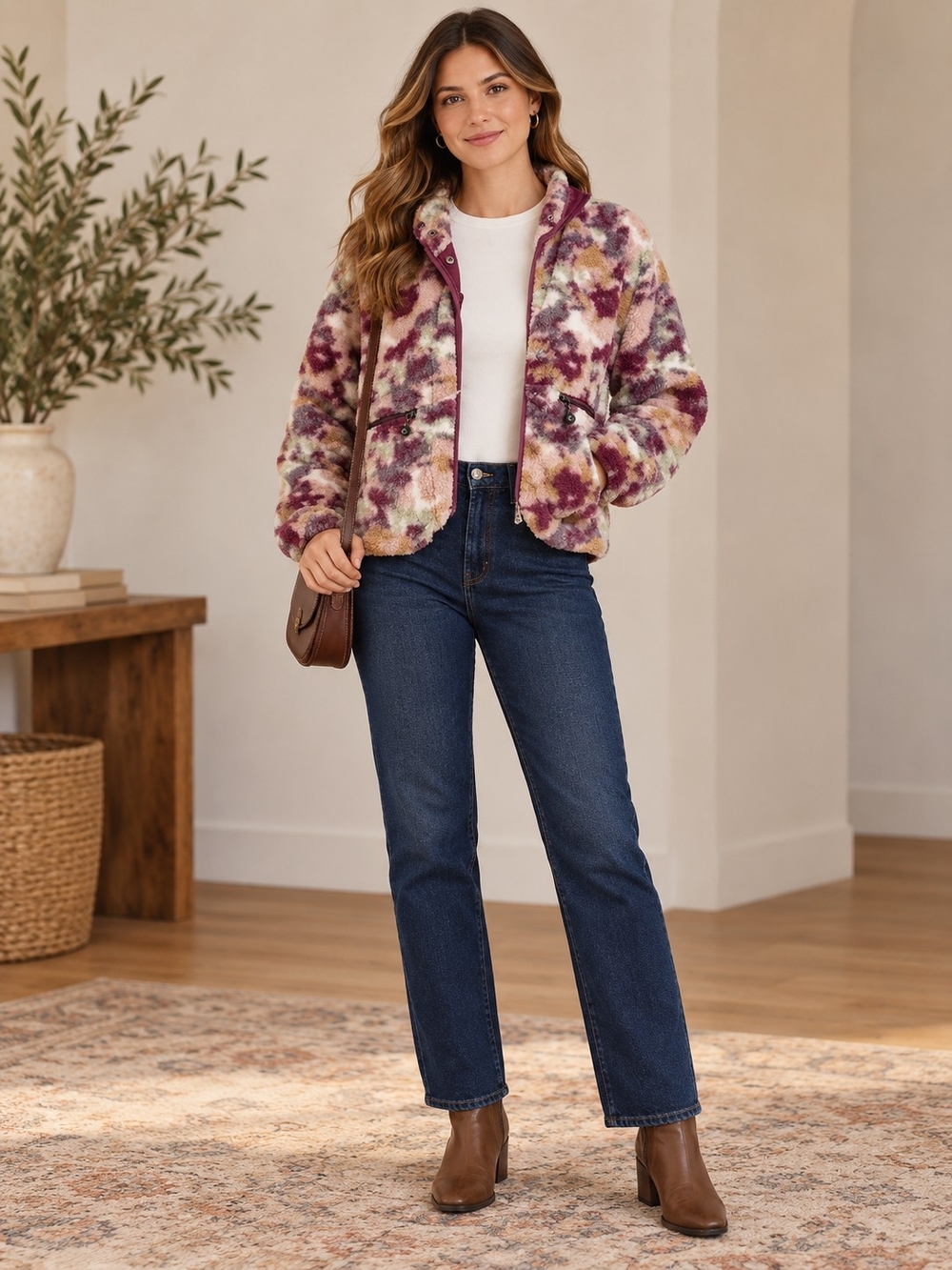 Calme By Johnny Was Floral Sherpa Fleece Jacket | Size Small - NWT